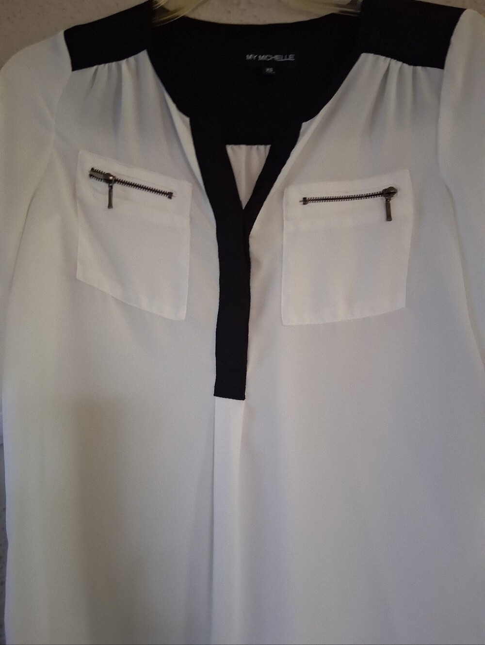 My Michelle White Blouse with Black Trim and Zip Pockets